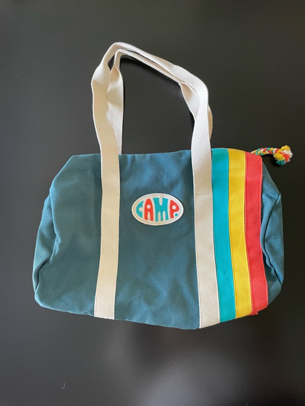 Teal Canvas CAMP Barrel Style Duffle Bag with 4-Color Stripes